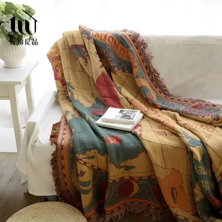 《世界地圖》旅行居家兩用棉麻針織毯沙發毯汽車蓋毯