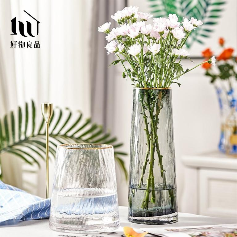 北歐輕奢透明錘紋玻璃金邊花瓶餐桌裝飾(圓形款)