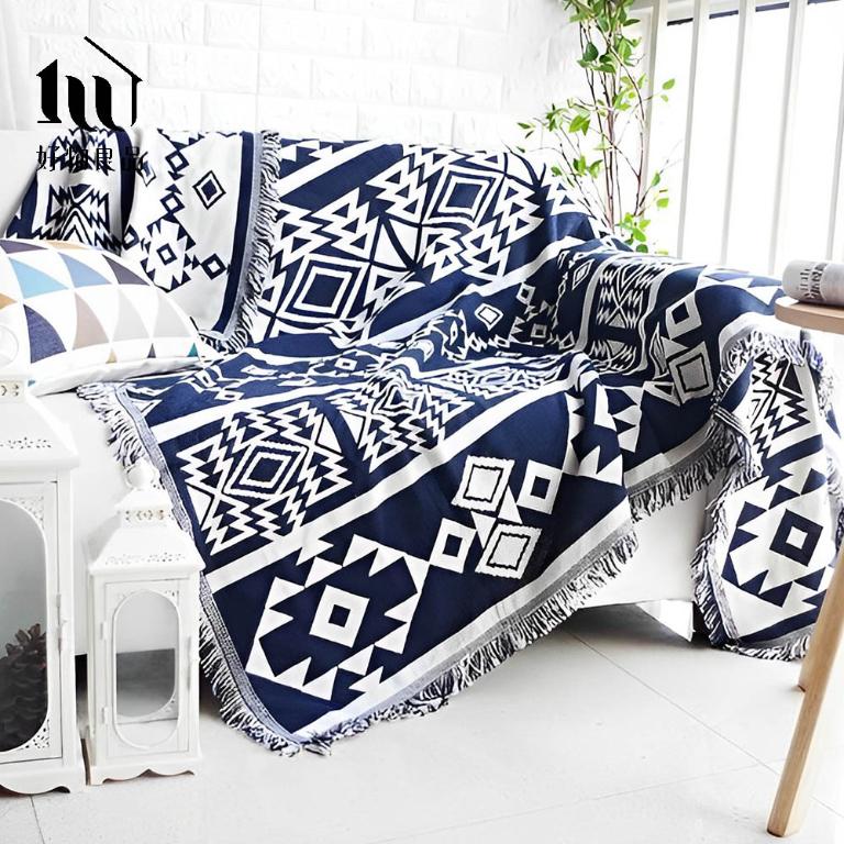 《幾何圖騰》旅行居家兩用棉麻針織毯沙發毯汽車蓋毯