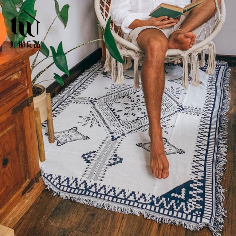 《波希米亞-藍》旅行居家兩用棉麻針織毯沙發毯汽車蓋毯