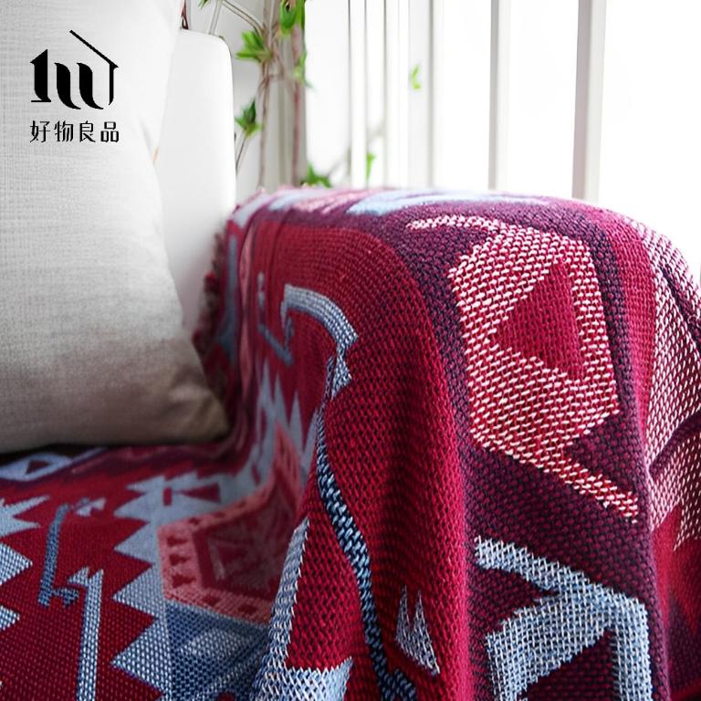 《波希米亞-紅》旅行居家兩用棉麻針織毯沙發毯汽車蓋毯