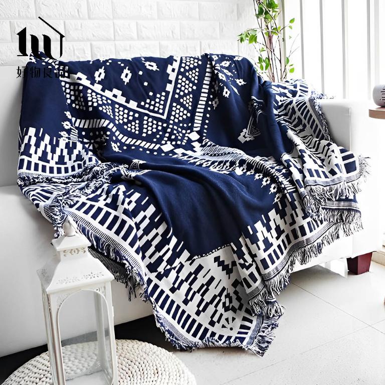 《波希米亞-藍》旅行居家兩用棉麻針織毯沙發毯汽車蓋毯