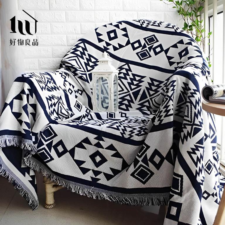 《幾何圖騰》旅行居家兩用棉麻針織毯沙發毯汽車蓋毯