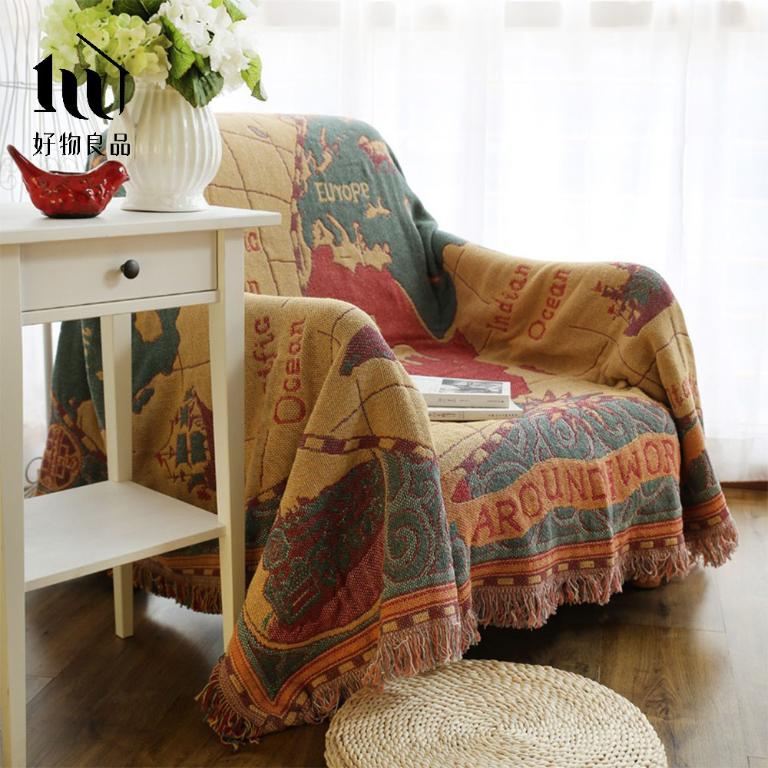 《世界地圖》旅行居家兩用棉麻針織毯沙發毯汽車蓋毯