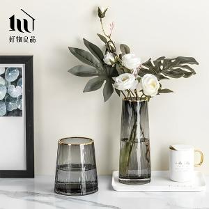 北歐輕奢透明錘紋玻璃金邊花瓶餐桌裝飾(圓形款)