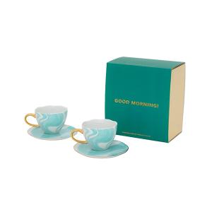 UNC斯特丹 | 手繪波浪咖啡杯盤禮盒(雙入)-寶石綠