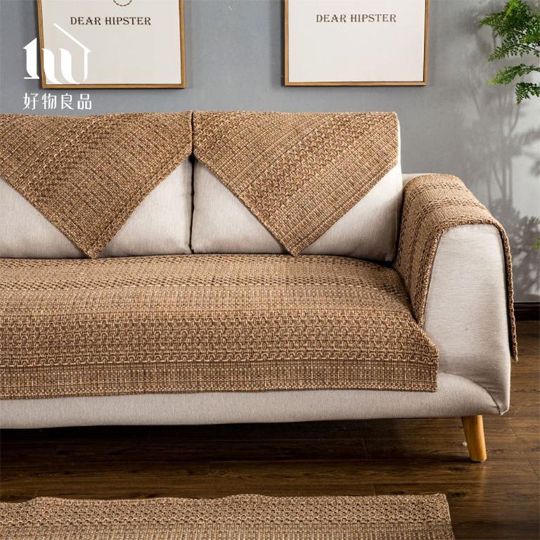 《棕褐麻花》日系簡約棉麻編織紋防滑防貓抓沙發墊組合