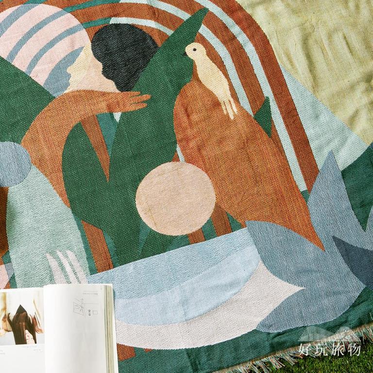 《彩繪叢林》獨家設計棉麻編織防水防髒野餐露營地墊