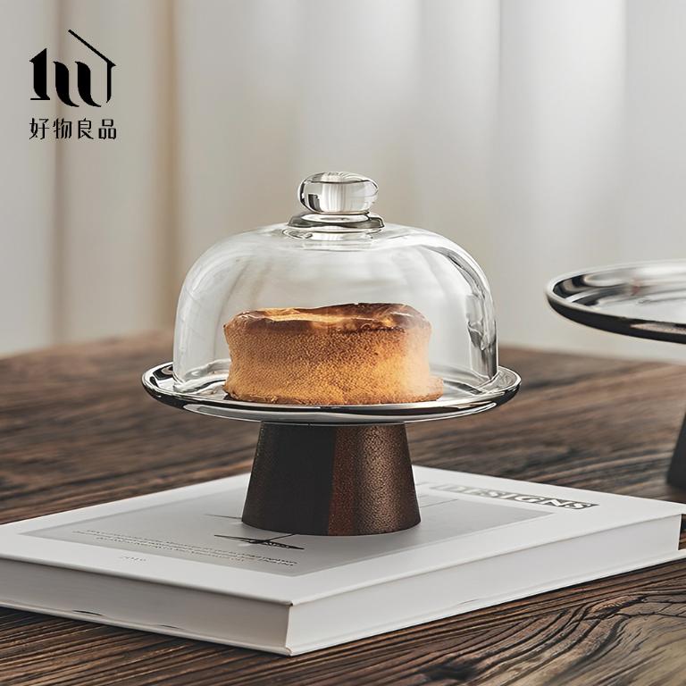 鏡面原木款_高質感玻璃罩高腳蛋糕盤飾品托盤