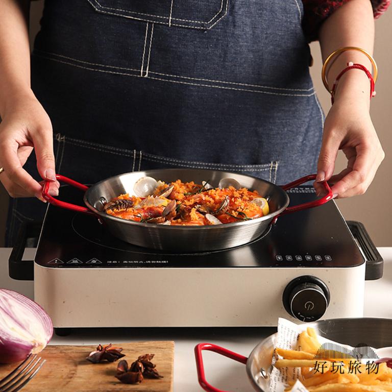 紅色雙耳把手不鏽鋼平底鍋 露營烤盤 露營煎鍋