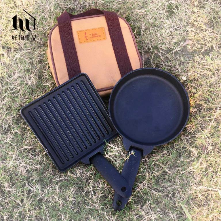 露營專用折疊鑄鐵煎鍋盤套二入組（直徑15公分）露營烤盤 小型煎盤 戶外煎盤