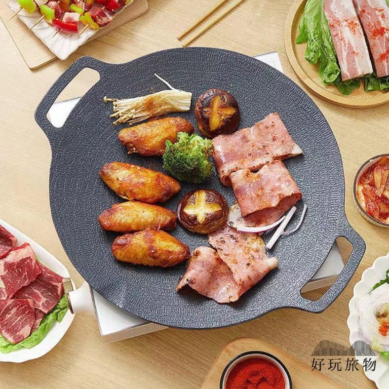 輕量薄型韓式麥飯石雙耳不沾鍋烤肉盤(附收納袋)韓式烤盤 露營烤盤