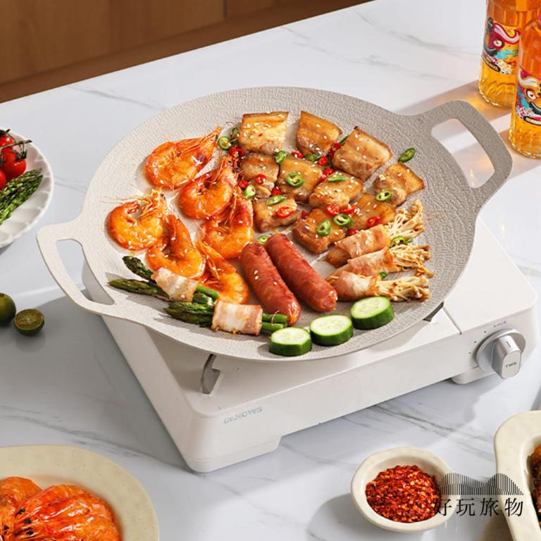 輕量薄型韓式麥飯石雙耳不沾鍋烤肉盤(附收納袋)韓式烤盤 露營烤盤