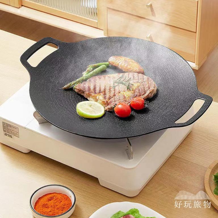 輕量薄型韓式麥飯石雙耳不沾鍋烤肉盤(附收納袋)韓式烤盤 露營烤盤