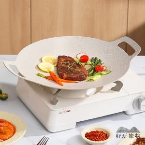 輕量薄型韓式麥飯石雙耳不沾鍋烤肉盤(附收納袋)韓式烤盤 露營烤盤
