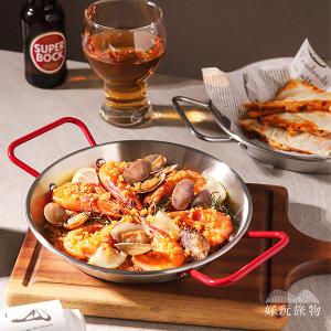 紅色雙耳把手不鏽鋼平底鍋 露營烤盤 露營煎鍋