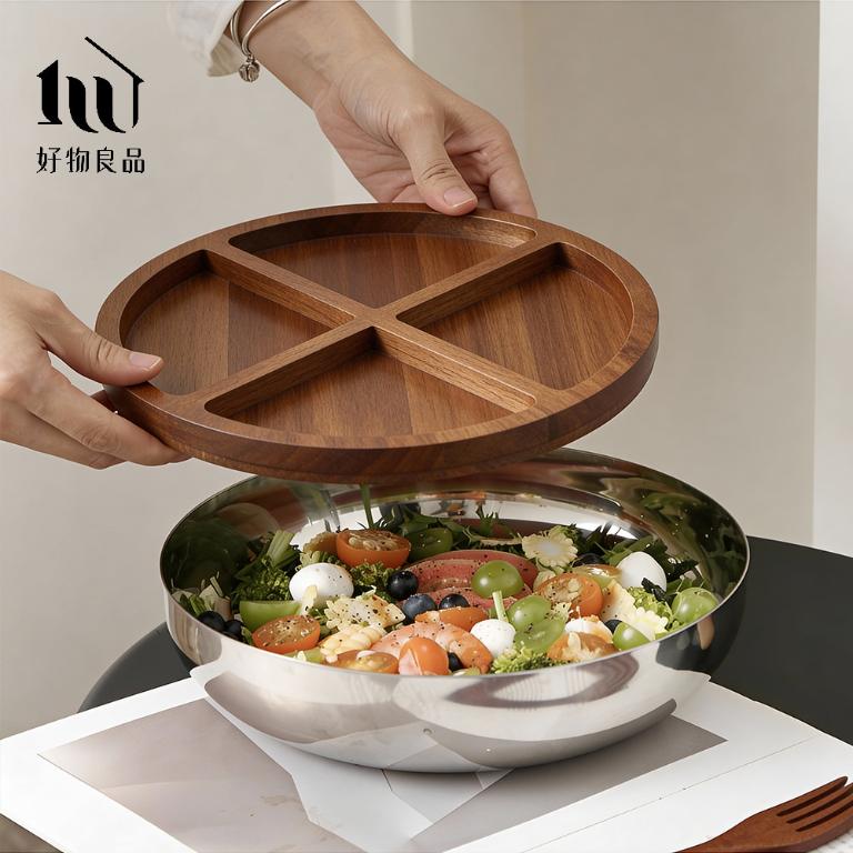 304不鏽鋼鏡面沙拉碗盆帶蓋分格水果盤