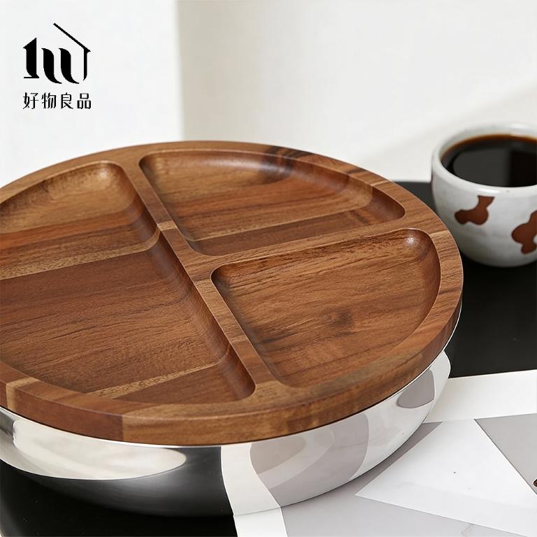 304不鏽鋼鏡面沙拉碗盆帶蓋分格水果盤