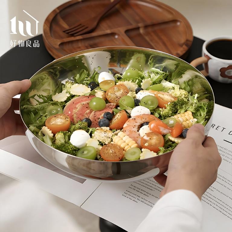 304不鏽鋼鏡面沙拉碗盆帶蓋分格水果盤