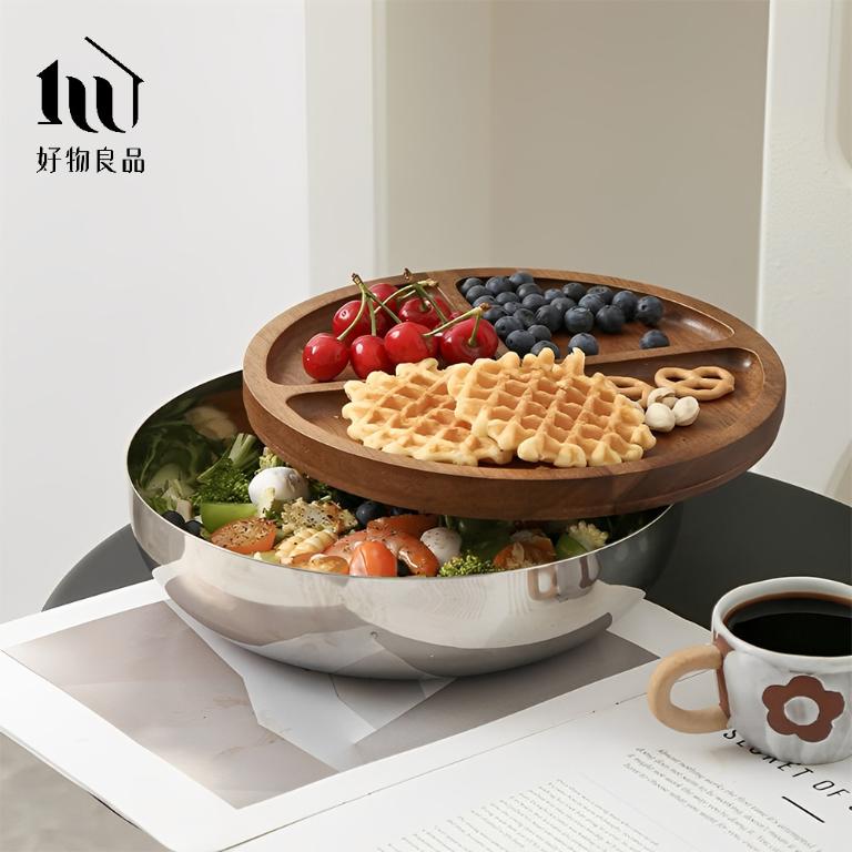 304不鏽鋼鏡面沙拉碗盆帶蓋分格水果盤