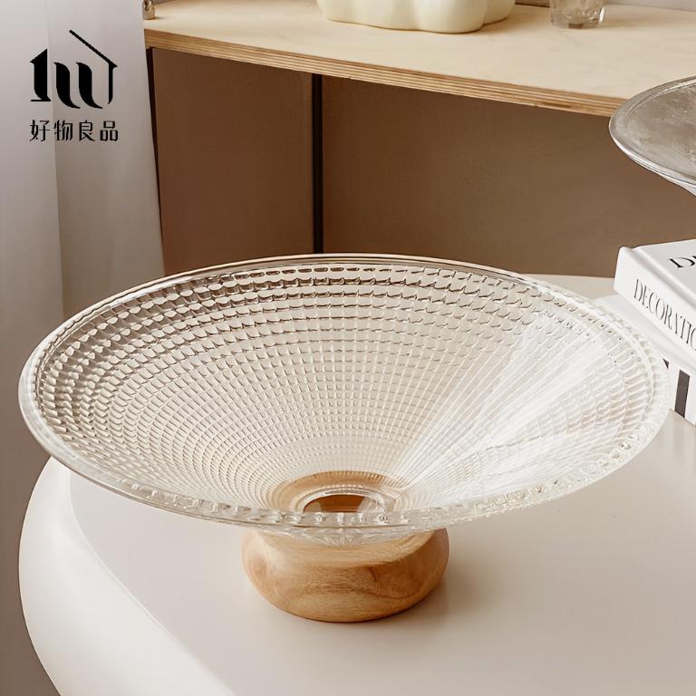 立體紋理玻璃實木座水果零食托盤