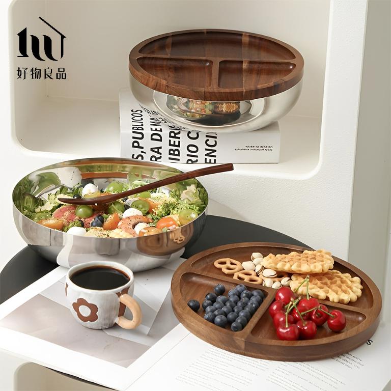 304不鏽鋼鏡面沙拉碗盆帶蓋分格水果盤