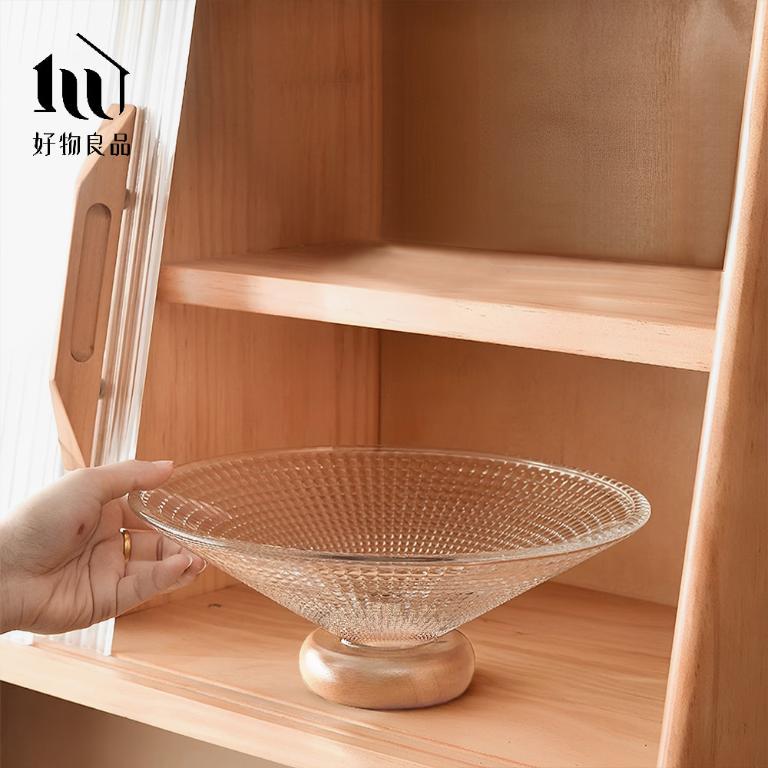 立體紋理玻璃實木座水果零食托盤
