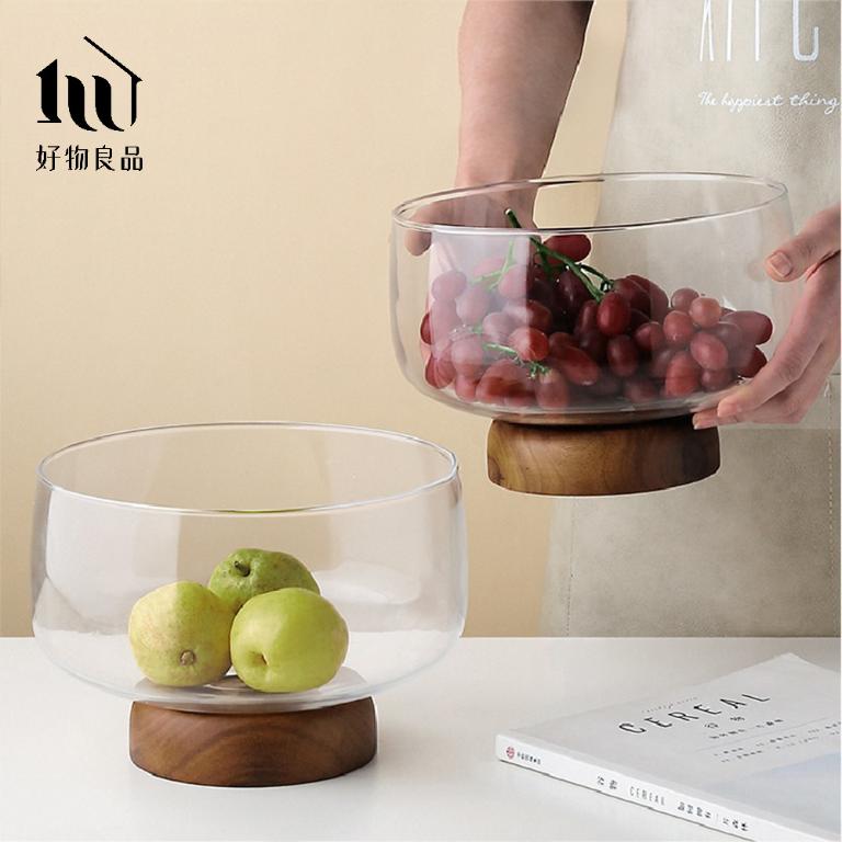 玻璃木座水果零食收納高腳碗(2款任選)