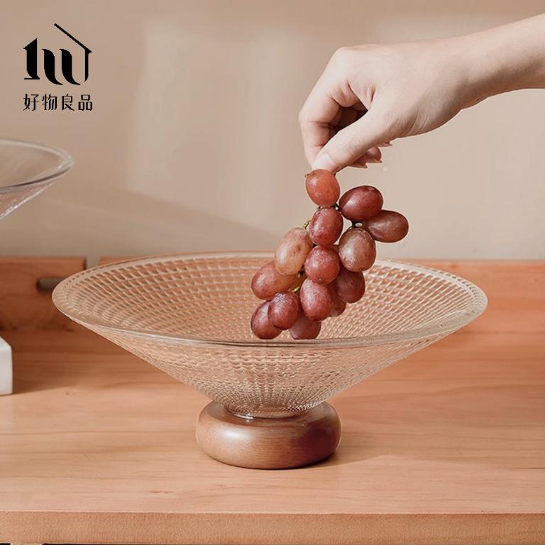 立體紋理玻璃實木座水果零食托盤