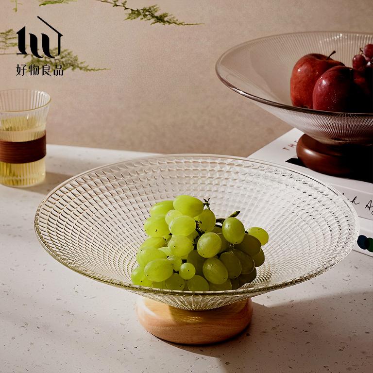 立體紋理玻璃實木座水果零食托盤