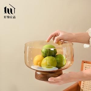 玻璃木座水果零食收納高腳碗(2款任選)