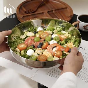 304不鏽鋼鏡面沙拉碗盆帶蓋分格水果盤