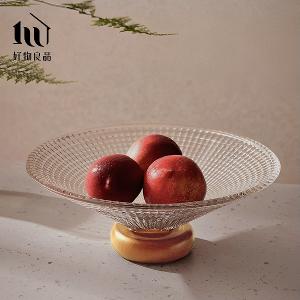 立體紋理玻璃實木座水果零食托盤