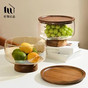 玻璃木座水果零食收納高腳碗(2款任選)
