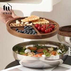 304不鏽鋼鏡面沙拉碗盆帶蓋分格水果盤