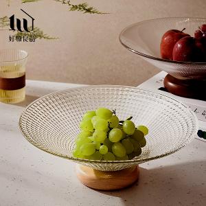 立體紋理玻璃實木座水果零食托盤