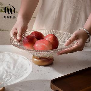 立體紋理玻璃實木座水果零食托盤