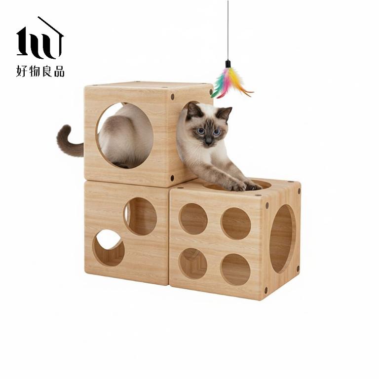 日本單元式設計實木寵物貓隧道貓迷宮置物箱