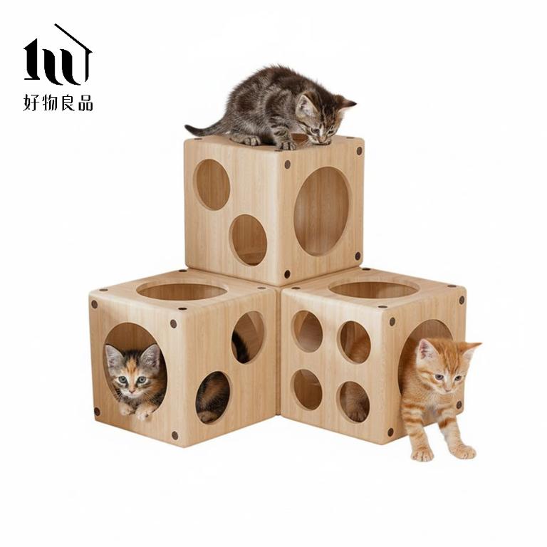 日本單元式設計實木寵物貓隧道貓迷宮置物箱