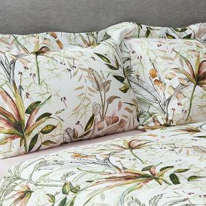 線上特賣｜【寬庭】葡萄牙原裝長纖棉印花寢飾｜葉影記憶 白底多彩+霧粉 四件組 加大