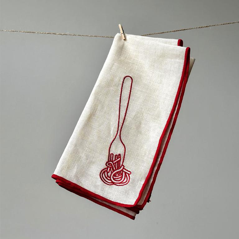 英國M&AElig;GEN 刺繡棉麻餐巾-白(義大利麵)