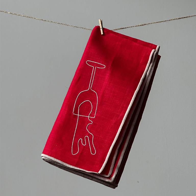 英國M&AElig;GEN 刺繡棉麻餐巾-紅(紅酒)