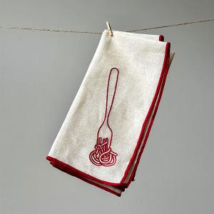 英國M&AElig;GEN 刺繡棉麻餐巾-白(義大利麵)