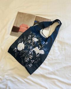 天鵝與鳶尾花 購物袋-深藍綠(L)