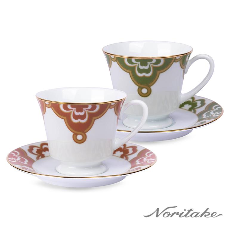 Noritake 彩韻四葉草-咖啡對杯(綠色+橘色)(精緻禮盒)
