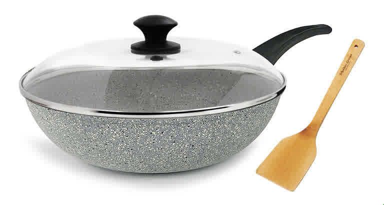 鵝媽媽鍋具 義大利杜拉IH導磁炒鍋32cm+玻璃蓋32cm+竹鏟